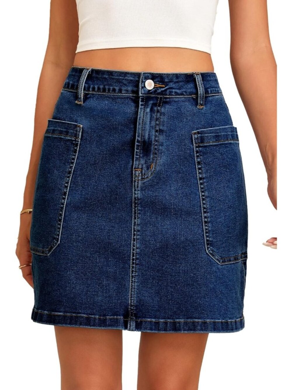 Women's Bluing Cargo Pocket Straight Casual Knee Length High Waisted Denim Skirt